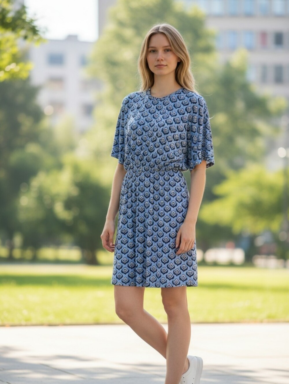 Boden Blue White Printed Short Sleeve Women's Dress 2 Petite Jersey Knit
